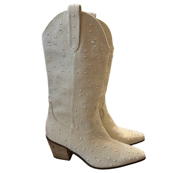 Bachelorette Western Cowboy Tall Pearl Sparkly Boot Pull On Pointed Toe Size 11M - Picture 1 of 9